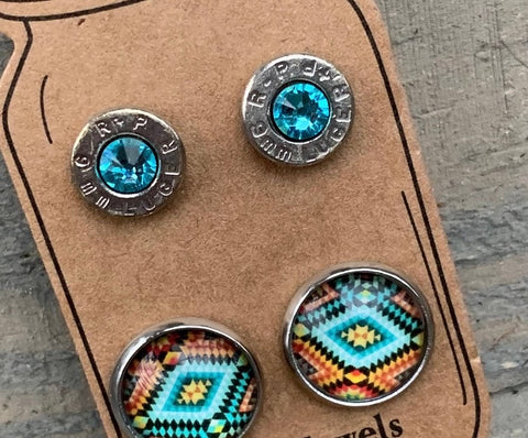 Turquoise Aztec 9mm Bullet Earrings Set