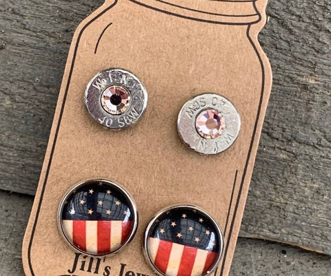 40 Caliber Bullet Earrings Set Vintage USA Flag