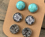 Black & White Aztec Faux Turquoise Druzy 3 Earring Set